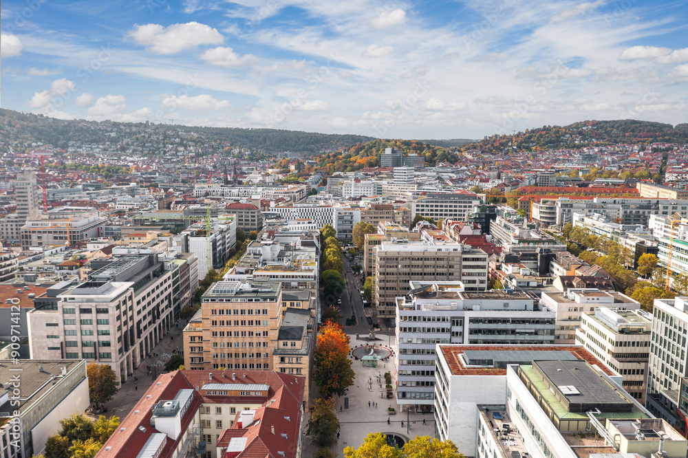 Beautiful aerial skyline cityscape of Stuttgart Mitte, Baden-württemberg, Germany. Autumn city panorama.