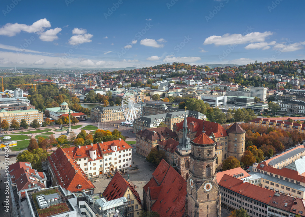 Beautiful summer skyline cityscape of Stuttgart Mitte, Baden-württemberg, Germanyt. Landmarks: Old Castle (Altes Schloss), Stiftskirche, Schlossplatz in background