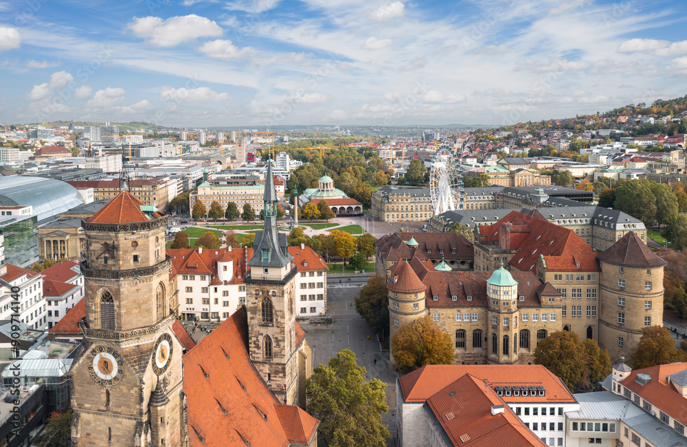 Beautiful autumn aerial skyline cityscape of Stuttgart Mitte, Baden-württemberg, Germany. Landmarks: Old Castle (Altes Schloss), Stiftskirche, Schlossplatz in background