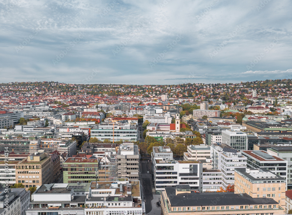 Beautiful aerial skyline cityscape of Stuttgart Mitte, Baden-württemberg, Germany. City summer panorama.