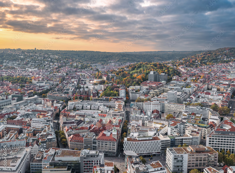 Beautiful autumn aerial skyline cityscape of Stuttgart Mitte, Baden-württemberg, Germany at sunset.