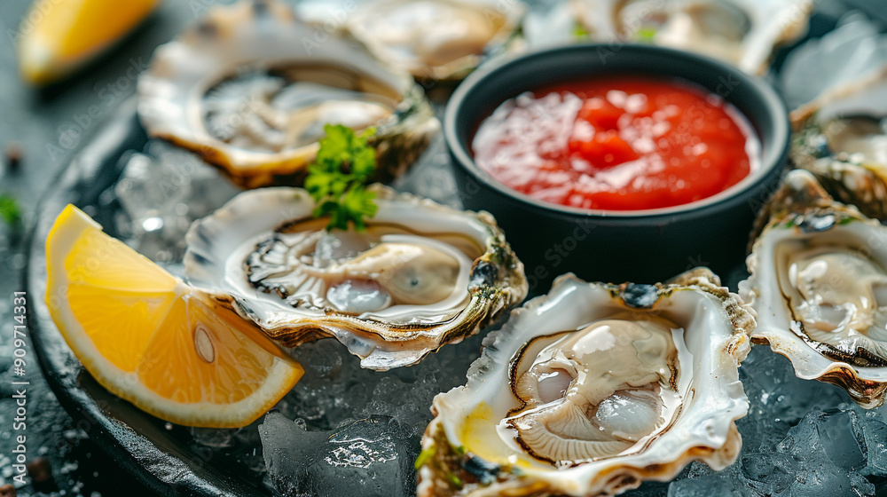 A close-up view of a plate of oysters on the half shell, served on a bed of crushed ice with lemon wedges and a side of cocktail sauce A close-up view of a plate of oysters on the half shell, served on a bed of crushed ice with lemon wedges and a side of cocktail sauce