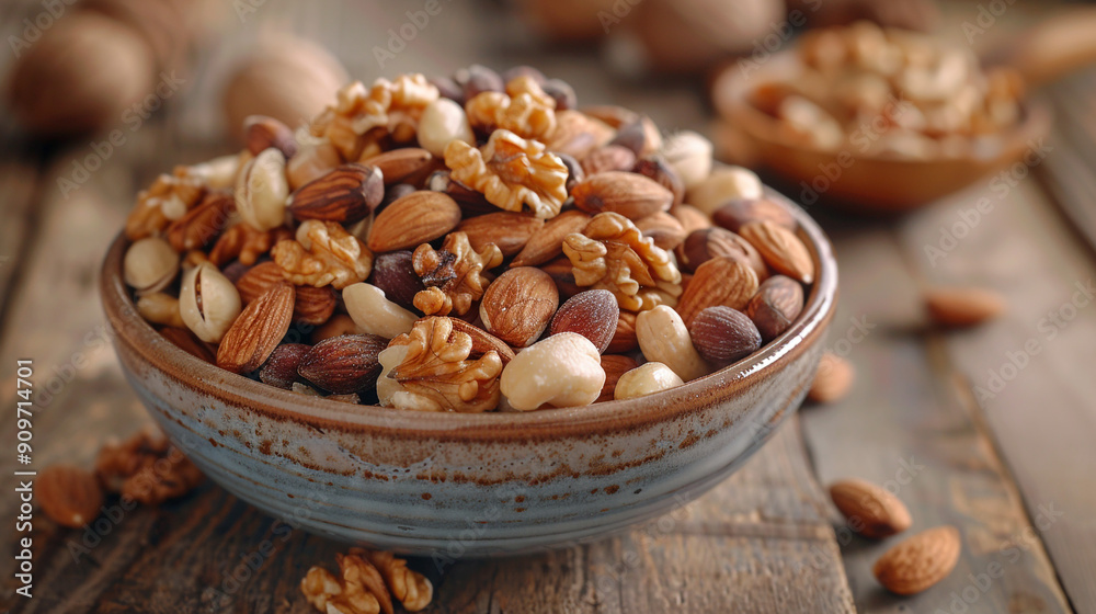 A high-definition image of a bowl filled with mixed nuts including walnuts, almonds, and hazelnuts, placed on a rustic wooden table. The nuts are rich in texture and color, with a natural shine. A high-definition image of a bowl filled with mixed nuts including walnuts, almonds, and hazelnuts, placed on a rustic wooden table. The nuts are rich in texture and color, with a natural shine.