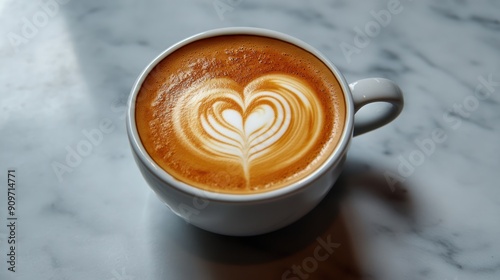 A Heart-Shaped Latte in a White Mug on a Marble Surface photo