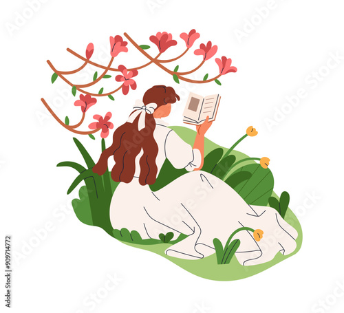 Woman reading book in garden among flowers. Female in dress sitting under tre...