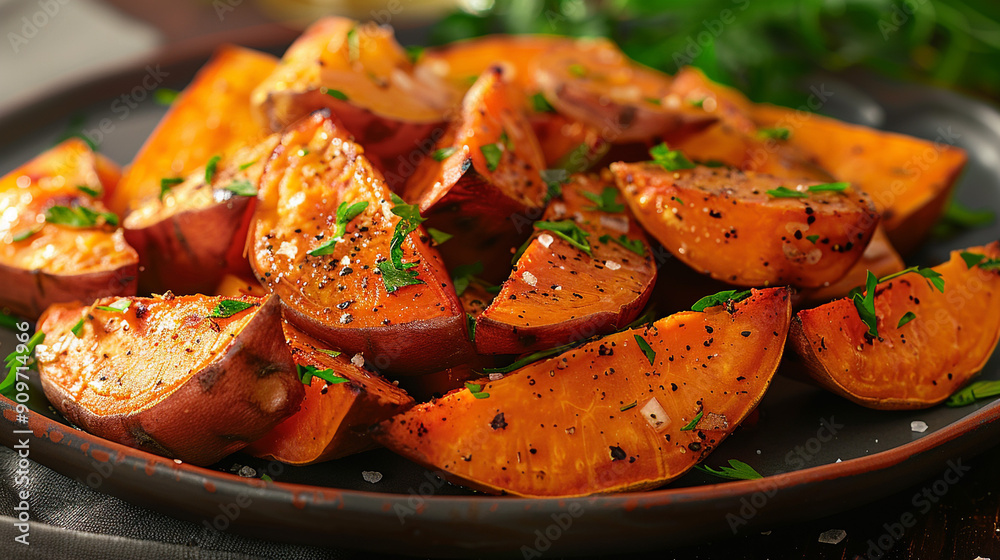 A realistic image of a plate of roasted sweet potatoes, cut into thick wedges and lightly seasoned with sea salt and fresh herbs. A realistic image of a plate of roasted sweet potatoes, cut into thick wedges and lightly seasoned with sea salt and fresh herbs.