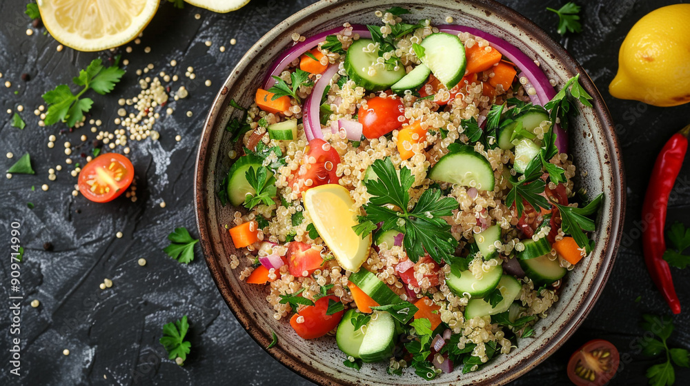 A top-down view of a quinoa salad mixed with chopped vegetables like cucumber, tomato, and red onion, garnished with fresh herbs and lemon wedges on the side. A top-down view of a quinoa salad mixed with chopped vegetables like cucumber, tomato, and red onion, garnished with fresh herbs and lemon wedges on the side.