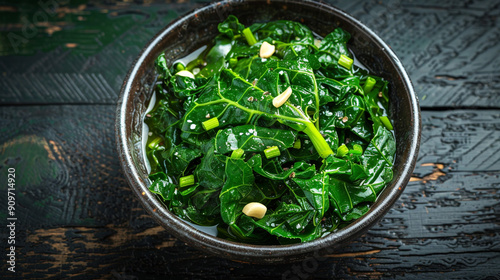 A realistic image of a bowl of cooked collard greens, seasoned with a bit of garlic and olive oil.  photo