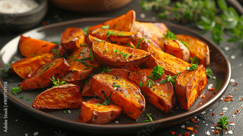 A realistic image of a plate of roasted sweet potatoes, cut into thick wedges and lightly seasoned with sea salt and fresh herbs. 