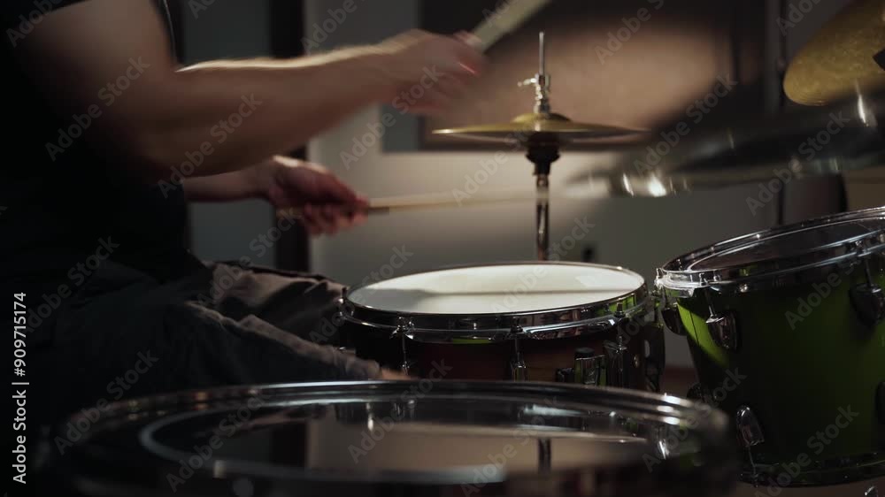 A drummer's hands are shown hitting a snare drum in a studio setting. The camera is positioned close to the drums, providing a close-up view of the musician's hands and the drums. The drummer is A drummer's hands are shown hitting a snare drum in a studio setting. The camera is positioned close to the drums, providing a close-up view of the musician's hands and the drums. The drummer is