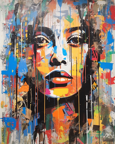 Colorful abstract portrait of a woman's face in street art style