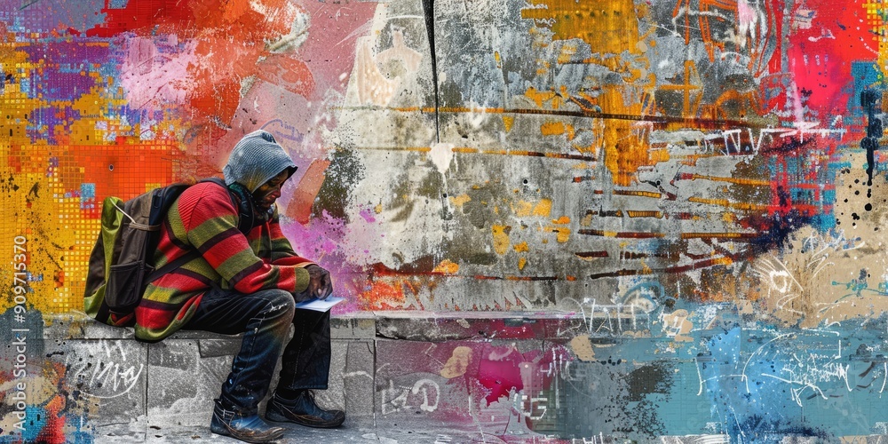 Fototapeta premium Graffiti Wall with Homeless Person