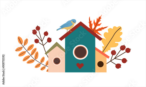 Vector illustration of autumn print with cute doodle bird on birdhouse and colored leaves . Autumn set of hand drawn cute cozy design elements. Fall, Thanksgiving Day, Autumn season.