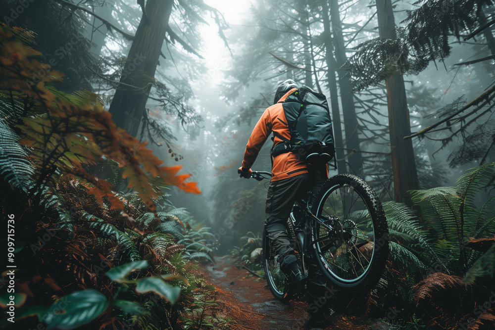 Naklejka premium Exploring Dense Forest Trails With a Mountain Bike at Dawn in Serene Wilderness
