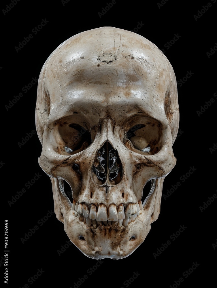 Human skull on black background. Human remains.