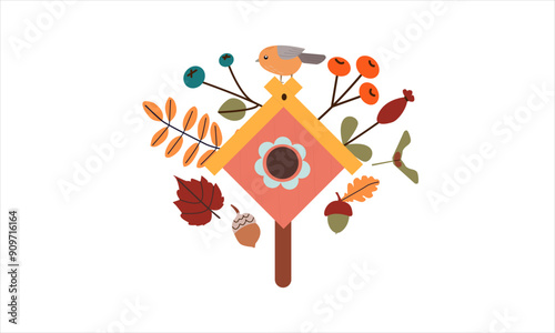 Vector illustration of autumn print with cute doodle bird on birdhouse and colored leaves . Autumn set of hand drawn cute cozy design elements. Fall, Thanksgiving Day, Autumn season.