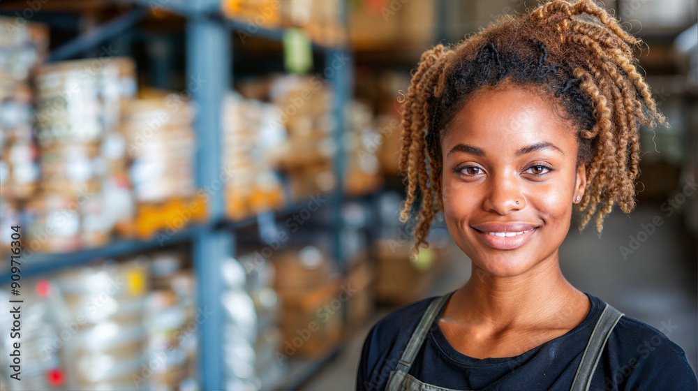 Naklejka premium A woman with a kind smile stands in a warehouse