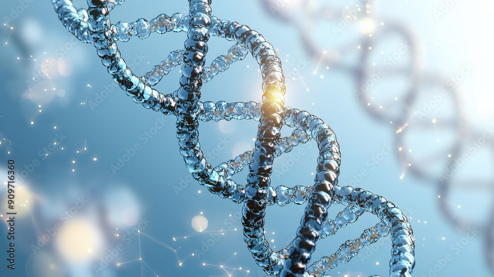 A blue and silver DNA strand with a light shining on it A blue and silver DNA strand with a light shining on it