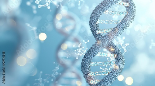 A close up of a DNA strand with a blue background