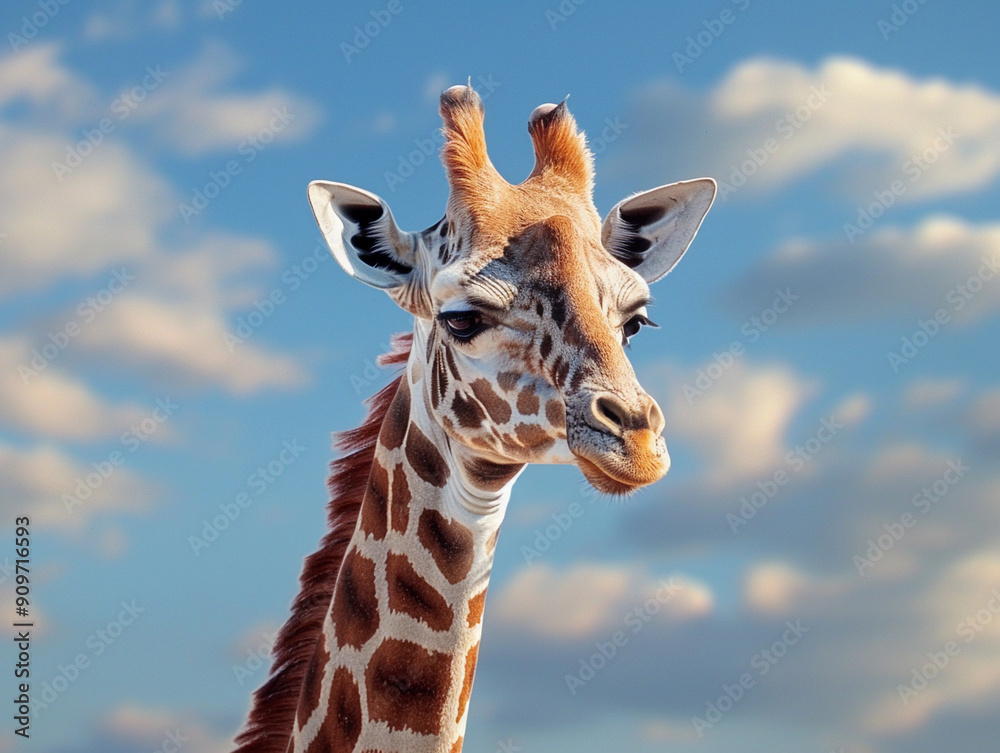 Naklejka premium Majestic Giraffe Grazing Under a Bright Blue Sky With Fluffy White Clouds
