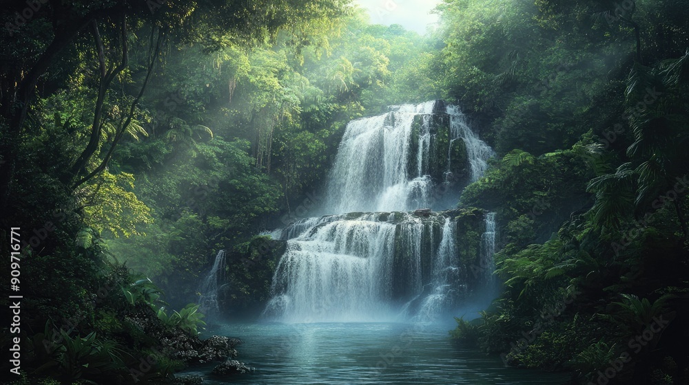 Captivating waterfall flowing through a dense jungle forest, creating a serene and beautiful natural landscape Captivating waterfall flowing through a dense jungle forest, creating a serene and beautiful natural landscape