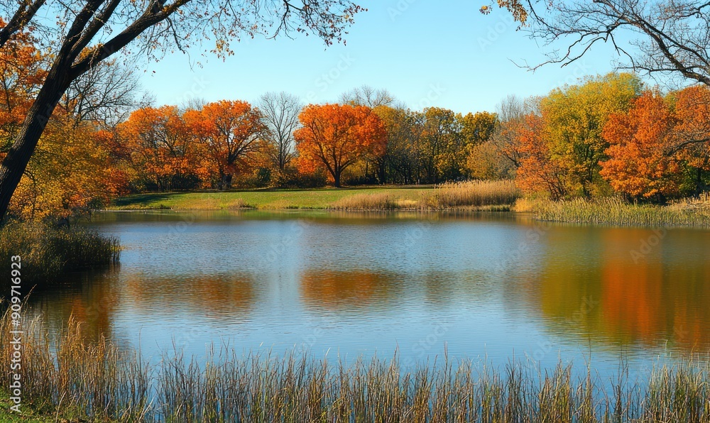 Obraz premium Autumnal Trees Reflecting in a Still Pond