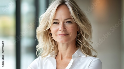 Close-up indoor portrait of a mid-aged blond woman in a white shirt  smiling confidently at the camera