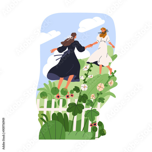 Women friends in country nature. Happy girls couple in dresses outdoors, runn...
