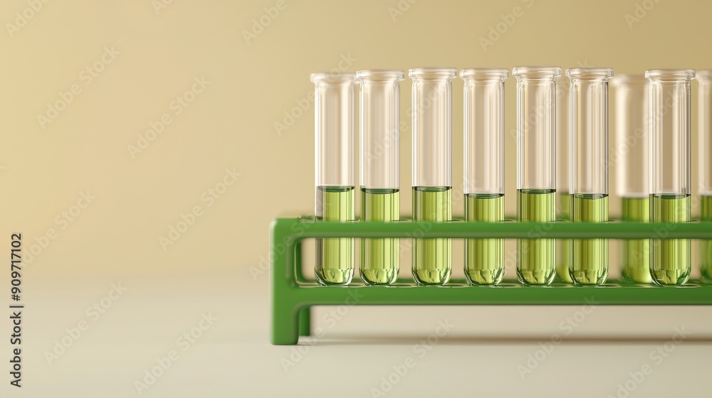 A row of test tubes filled with green liquid sit on a green lab bench A row of test tubes filled with green liquid sit on a green lab bench