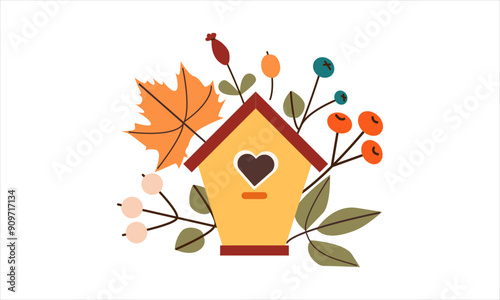 Vector illustration of autumn print with cute doodle bird on birdhouse and colored leaves . Autumn set of hand drawn cute cozy design elements. Fall, Thanksgiving Day, Autumn season.