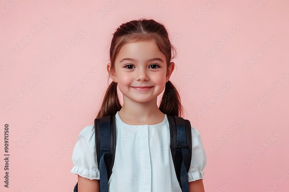 Smiling Schoolgirl with Backpack Against Solid Background