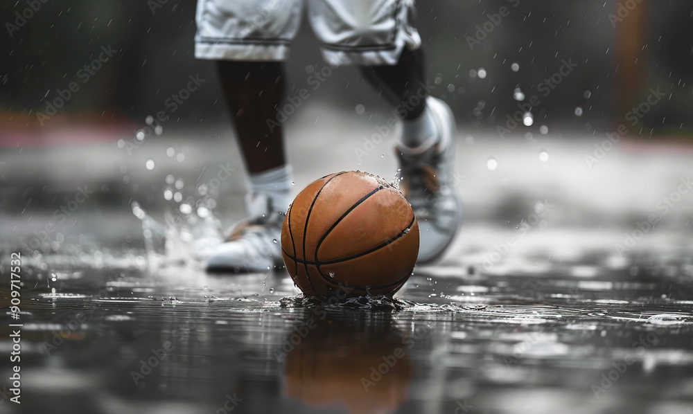 Basketball ball, close-up on the competition site, background blurred players in uniform. Basketball ball, close-up on the competition site, background blurred players in uniform.