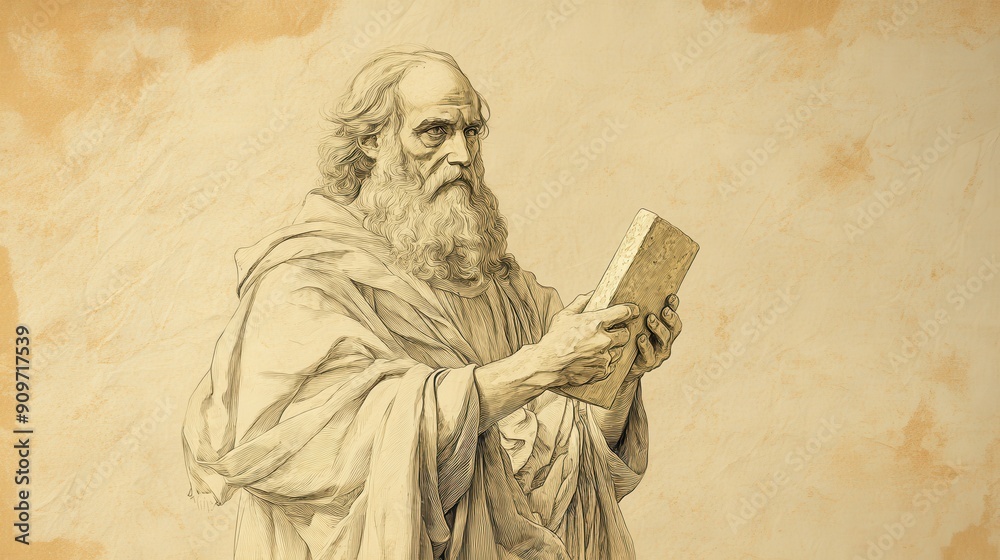 Fototapeta premium Biblical Illustration: Moses with Stone Tablets - Repentance and Prosperity in Deuteronomy - Bible Wall Art with Beige Background for Spiritual Decor