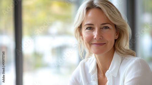 Close-up shot of a mid-aged blond woman in a white shirt, confidently smiling at the camera while sitting indoors