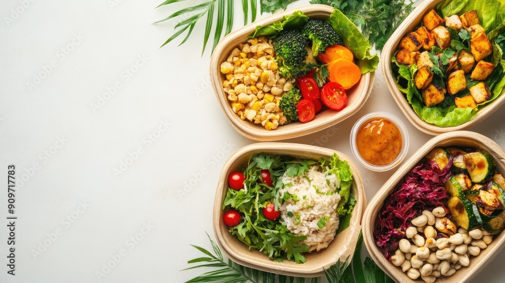 Close-up top view of nutritious food in biodegradable, eco-friendly takeaway dishes, with ample room for copy on a clean background Close-up top view of nutritious food in biodegradable, eco-friendly takeaway dishes, with ample room for copy on a clean background
