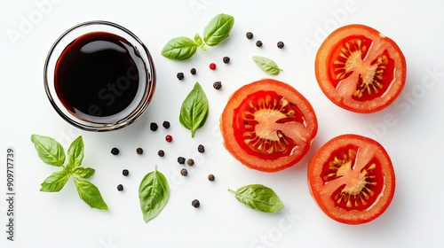 Close-up top view of balsamic vinegar, sliced tomatoes, basil leaves, and peppercorns, arranged on a white background to highlight freshness photo