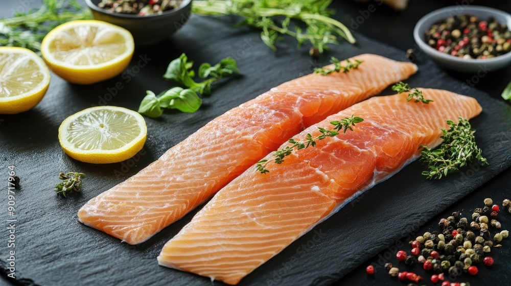 Close-up view of fresh organic trout fillet on a black slate background, complemented by cooking ingredients like herbs and lemon slices Close-up view of fresh organic trout fillet on a black slate background, complemented by cooking ingredients like herbs and lemon slices