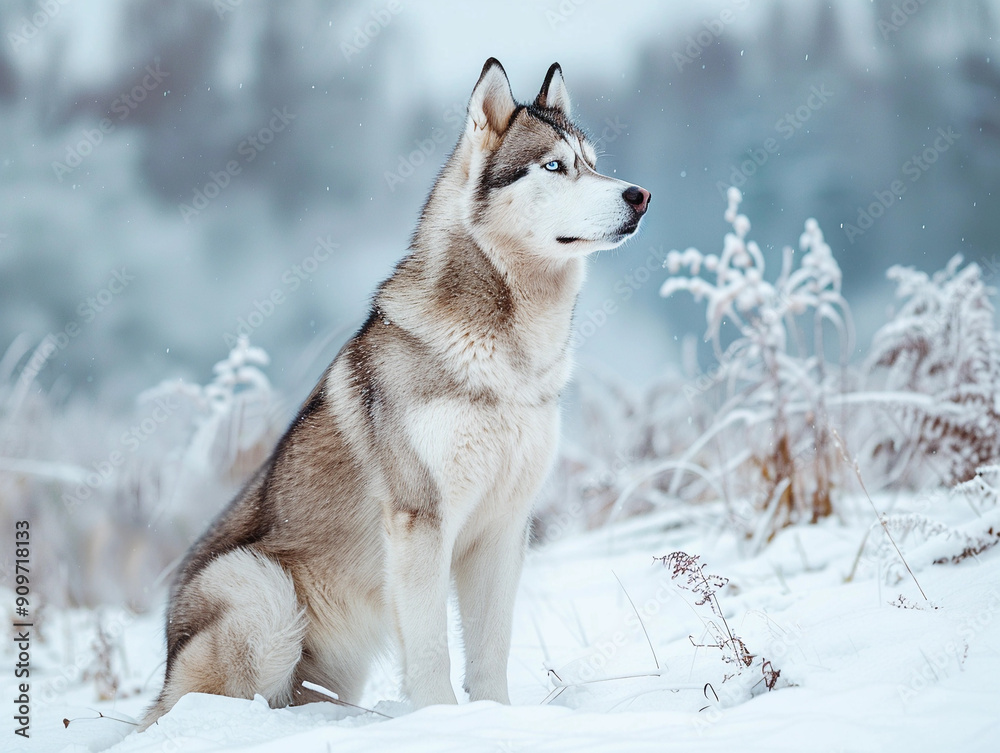 Majestic Siberian Husky Sitting Gracefully in Serene Winter Landscape of Snowy Forest Majestic Siberian Husky Sitting Gracefully in Serene Winter Landscape of Snowy Forest