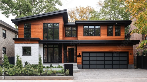 Contemporary house exterior with cedar siding  white brick walls  black-framed windows  and sleek black garage doors