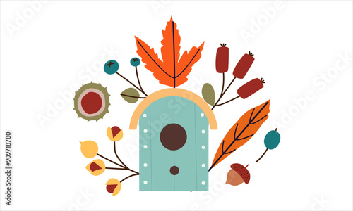 Vector illustration of autumn print with cute doodle bird on birdhouse and colored leaves . Autumn set of hand drawn cute cozy design elements. Fall, Thanksgiving Day, Autumn season.