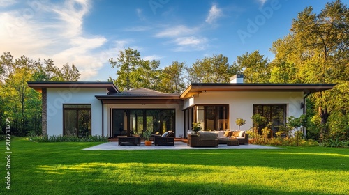 Elegant home with flat roof and brown trim, surrounded by lush grass, featuring an outdoor furnished patio, blue sky, and forest in the background