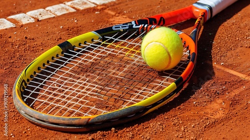 A yellow tennis ball and tennis racket lies on the clay court