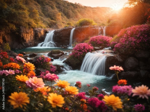 Nature Scene Colorful Waterfall and Flowers at Sunset