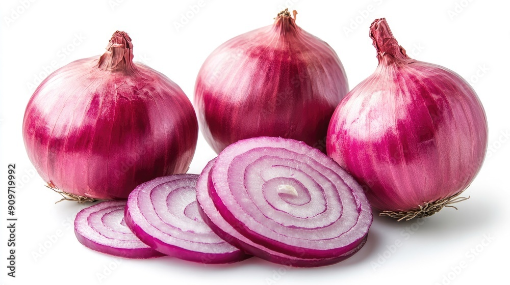 Isolated flat lay of fresh red onion, showing whole and sliced halves on a white background, emphasizing its rich red hue Isolated flat lay of fresh red onion, showing whole and sliced halves on a white background, emphasizing its rich red hue