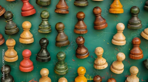 above view of many wooden board game pawns on green baize table