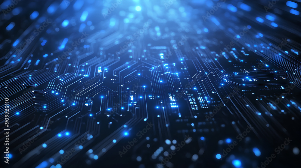 Abstract digital network circuit board background banner with glowing light and connecting data dots in blue and black colors. Big data technology concept