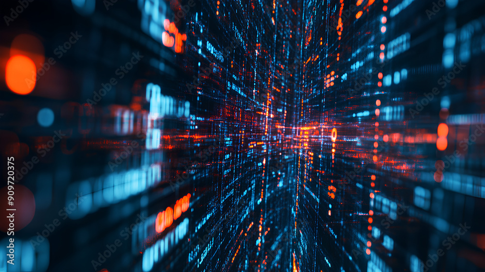 Fototapeta premium Abstract digital wallpaper of a streaming data matrix that could be a best-seller background, representing concepts like cybersecurity and information