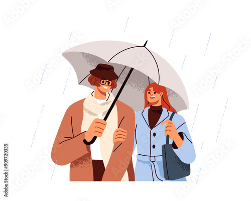 Couple walking under umbrella in rain. Romantic man and woman enjoying rainy weather in autumn. Happy people talking in downpour, shower. Flat vector illustration isolated on white background