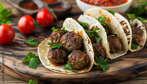 Appetizing kofta kebab (meatballs) with sauce and tortillas tacos on blackbackground photo