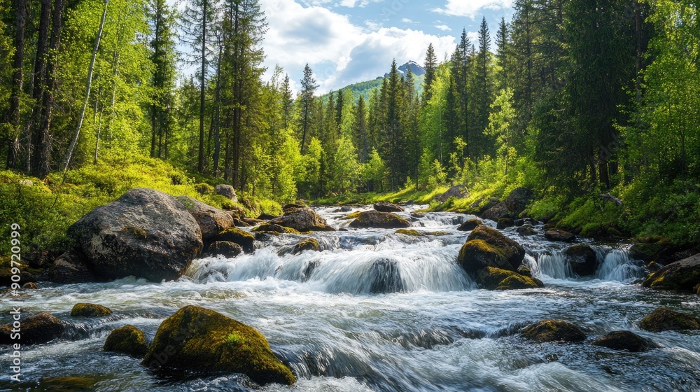 Majestic mountain forest in spring, showcasing a pristine river cascading over boulders with fresh green trees in the background Majestic mountain forest in spring, showcasing a pristine river cascading over boulders with fresh green trees in the background